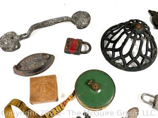 Eclectic Grouping Including Brass Hardware, Padlocks and Cloth Tape Measure 