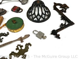 Eclectic Grouping Including Brass Hardware, Padlocks and Cloth Tape Measure 