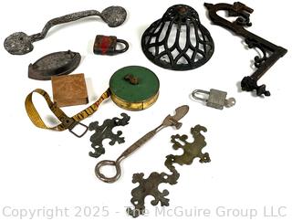 Eclectic Grouping Including Brass Hardware, Padlocks and Cloth Tape Measure 