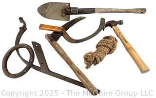 Eclectic Grouping Including Folding Ranger Shovel, Sickles and Large Forged Iron "O" Ring