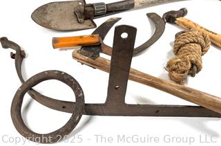 Eclectic Grouping Including Folding Ranger Shovel, Sickles and Large Forged Iron "O" Ring