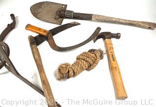 Eclectic Grouping Including Folding Ranger Shovel, Sickles and Large Forged Iron "O" Ring