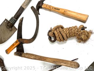 Eclectic Grouping Including Folding Ranger Shovel, Sickles and Large Forged Iron "O" Ring