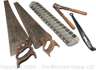 Eclectic Grouping Including Galvanized Chicken Feeder, Hand Saws and Forged Strap Hinge