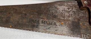 Eclectic Grouping Including Galvanized Chicken Feeder, Hand Saws and Forged Strap Hinge