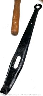 Eclectic Grouping Including Galvanized Chicken Feeder, Hand Saws and Forged Strap Hinge