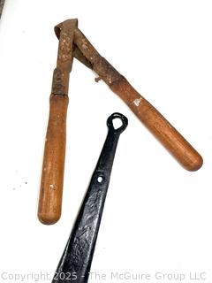Eclectic Grouping Including Galvanized Chicken Feeder, Hand Saws and Forged Strap Hinge