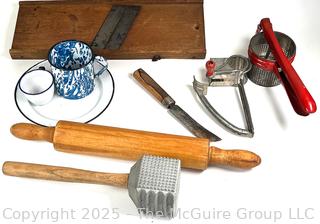 Kitchenware Including Meat Tenderizer, Ricer, Cheese Grater, Rolling Pin, Blue Swirl Graniteware Cup and Wooden Mandolin