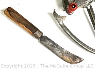 Kitchenware Including Meat Tenderizer, Ricer, Cheese Grater, Rolling Pin, Blue Swirl Graniteware Cup and Wooden Mandolin