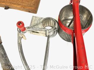 Kitchenware Including Meat Tenderizer, Ricer, Cheese Grater, Rolling Pin, Blue Swirl Graniteware Cup and Wooden Mandolin