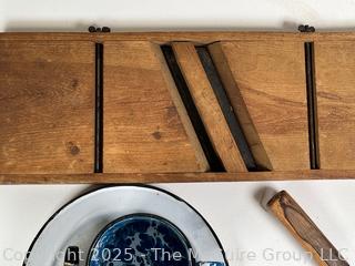 Kitchenware Including Meat Tenderizer, Ricer, Cheese Grater, Rolling Pin, Blue Swirl Graniteware Cup and Wooden Mandolin