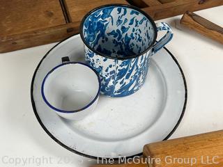 Kitchenware Including Meat Tenderizer, Ricer, Cheese Grater, Rolling Pin, Blue Swirl Graniteware Cup and Wooden Mandolin