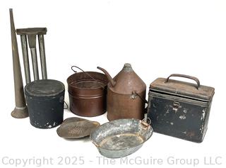 Metalware Including Horn, Candle Mold, Pails, Oil Can and Lunch Box