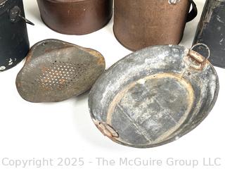 Metalware Including Horn, Candle Mold, Pails, Oil Can and Lunch Box