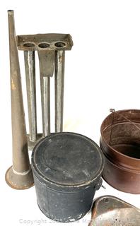 Metalware Including Horn, Candle Mold, Pails, Oil Can and Lunch Box