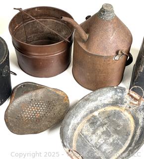 Metalware Including Horn, Candle Mold, Pails, Oil Can and Lunch Box
