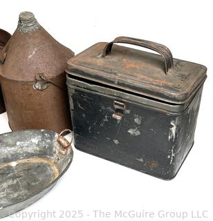Metalware Including Horn, Candle Mold, Pails, Oil Can and Lunch Box