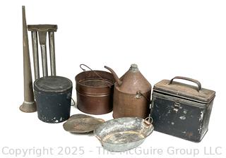 Metalware Including Horn, Candle Mold, Pails, Oil Can and Lunch Box