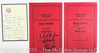 Nolan Ryan Signed Program to RTM on Rick Perry Program. Note Attached to RTM from Rick Perry 