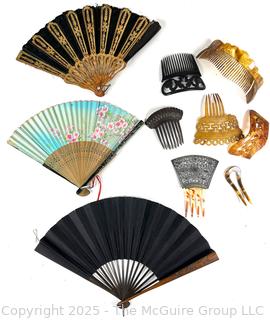 Three (3) Folding Hand Fans and Hair Combs