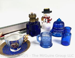 Cobalt Blue Glassware Including Bell Telephone Paperweight, Snowman, Porcelain Cup & Saucer and Chopsticks