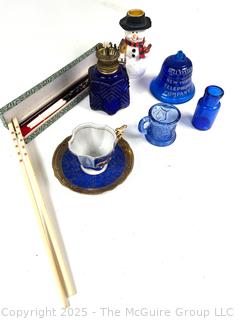 Cobalt Blue Glassware Including Bell Telephone Paperweight, Snowman, Porcelain Cup & Saucer and Chopsticks