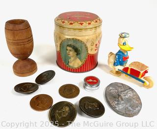 Queen Elizabeth II Coronation Souvenir Tin, Marx Walt Disney Donald Duck Ramp Walker Toy, Wood Egg Cup, Pewter Moose Medal, 1931 International Harvester Company Medal and 1972 American Revolution Bicentennial Commemorative Medal