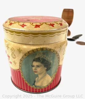 Queen Elizabeth II Coronation Souvenir Tin, Marx Walt Disney Donald Duck Ramp Walker Toy, Wood Egg Cup, Pewter Moose Medal, 1931 International Harvester Company Medal and 1972 American Revolution Bicentennial Commemorative Medal