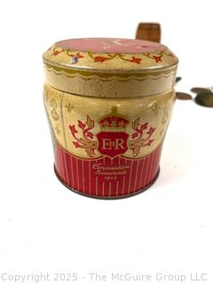 Queen Elizabeth II Coronation Souvenir Tin, Marx Walt Disney Donald Duck Ramp Walker Toy, Wood Egg Cup, Pewter Moose Medal, 1931 International Harvester Company Medal and 1972 American Revolution Bicentennial Commemorative Medal