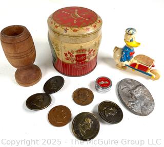 Queen Elizabeth II Coronation Souvenir Tin, Marx Walt Disney Donald Duck Ramp Walker Toy, Wood Egg Cup, Pewter Moose Medal, 1931 International Harvester Company Medal and 1972 American Revolution Bicentennial Commemorative Medal