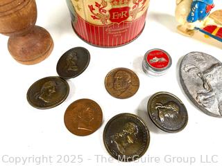 Queen Elizabeth II Coronation Souvenir Tin, Marx Walt Disney Donald Duck Ramp Walker Toy, Wood Egg Cup, Pewter Moose Medal, 1931 International Harvester Company Medal and 1972 American Revolution Bicentennial Commemorative Medal