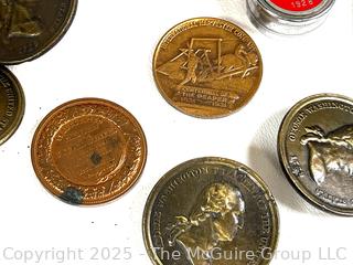 Queen Elizabeth II Coronation Souvenir Tin, Marx Walt Disney Donald Duck Ramp Walker Toy, Wood Egg Cup, Pewter Moose Medal, 1931 International Harvester Company Medal and 1972 American Revolution Bicentennial Commemorative Medal