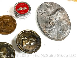 Queen Elizabeth II Coronation Souvenir Tin, Marx Walt Disney Donald Duck Ramp Walker Toy, Wood Egg Cup, Pewter Moose Medal, 1931 International Harvester Company Medal and 1972 American Revolution Bicentennial Commemorative Medal
