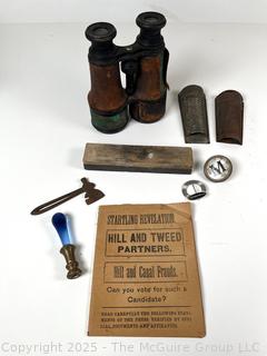 Brass Military Binoculars, Nutmeg Grater, Glass Handle Wax Seal, Axe Paperweight Etc.