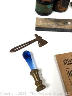 Brass Military Binoculars, Nutmeg Grater, Glass Handle Wax Seal, Axe Paperweight Etc.