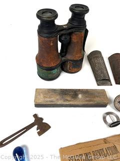 Brass Military Binoculars, Nutmeg Grater, Glass Handle Wax Seal, Axe Paperweight Etc.