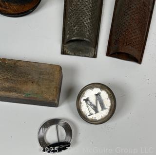 Brass Military Binoculars, Nutmeg Grater, Glass Handle Wax Seal, Axe Paperweight Etc.