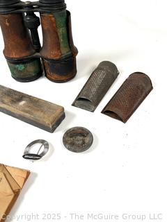 Brass Military Binoculars, Nutmeg Grater, Glass Handle Wax Seal, Axe Paperweight Etc.