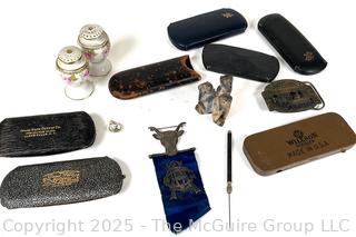 Freemasonry Medal Ribbon, Eyeglass Cases, Belt Buckle, Three Wise Monkey Figurine and Porcelain Shakers