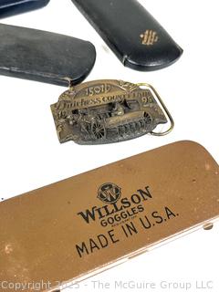Freemasonry Medal Ribbon, Eyeglass Cases, Belt Buckle, Three Wise Monkey Figurine and Porcelain Shakers