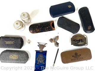 Freemasonry Medal Ribbon, Eyeglass Cases, Belt Buckle, Three Wise Monkey Figurine and Porcelain Shakers