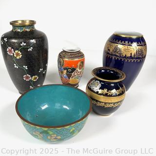 Group Including Japanese Cloisonne Vase and Bowl, Moriage Satsuma Vase and Royal Porzellan Bavaria Porcelain Vases