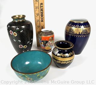 Group Including Japanese Cloisonne Vase and Bowl, Moriage Satsuma Vase and Royal Porzellan Bavaria Porcelain Vases