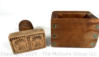 Primitive Carved Double Wheat Butter Mold Stamp and Box