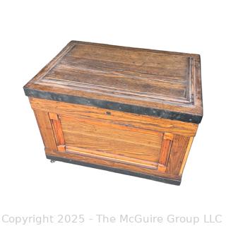 Late 19th C Large Chestnut Carpenters Footed Chest.  Metal Forged Banding at top and Bottom, Metal Handles on Sides.  Multiple Shelves and Cubbies Inside.  Measures 25 x 36 x 28"Tall 