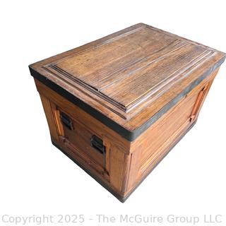 Late 19th C Large Chestnut Carpenters Footed Chest.  Metal Forged Banding at top and Bottom, Metal Handles on Sides.  Multiple Shelves and Cubbies Inside.  Measures 25 x 36 x 28"Tall 
