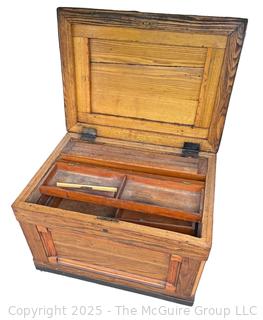 Late 19th C Large Chestnut Carpenters Footed Chest.  Metal Forged Banding at top and Bottom, Metal Handles on Sides.  Multiple Shelves and Cubbies Inside.  Measures 25 x 36 x 28"Tall 