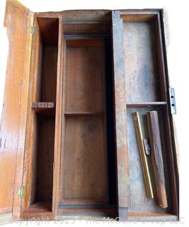 Late 19th C Large Chestnut Carpenters Footed Chest.  Metal Forged Banding at top and Bottom, Metal Handles on Sides.  Multiple Shelves and Cubbies Inside.  Measures 25 x 36 x 28"Tall 