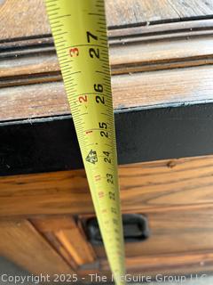 Late 19th C Large Chestnut Carpenters Footed Chest.  Metal Forged Banding at top and Bottom, Metal Handles on Sides.  Multiple Shelves and Cubbies Inside.  Measures 25 x 36 x 28"Tall 