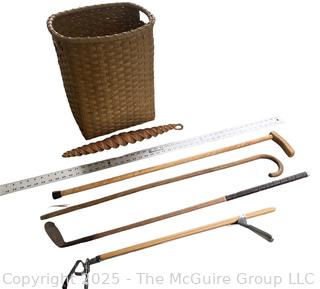 Eclectic Grouping Including Basket, Canes, Metal Meter Stick and Persimmon Shaft Mashe Golf Iron